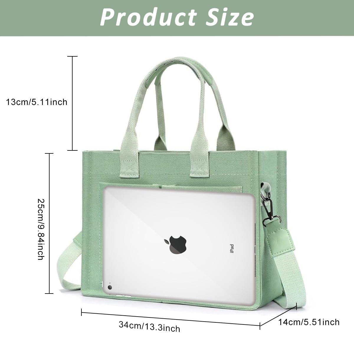 PALAY Casual Tote Bag for Women Multi Pockets Canvas Hand Bag with Removable Shoulder Strap Crossbody Tote Bag Chic Mint Green Canvas Day Bag Tote Bag for Commuting