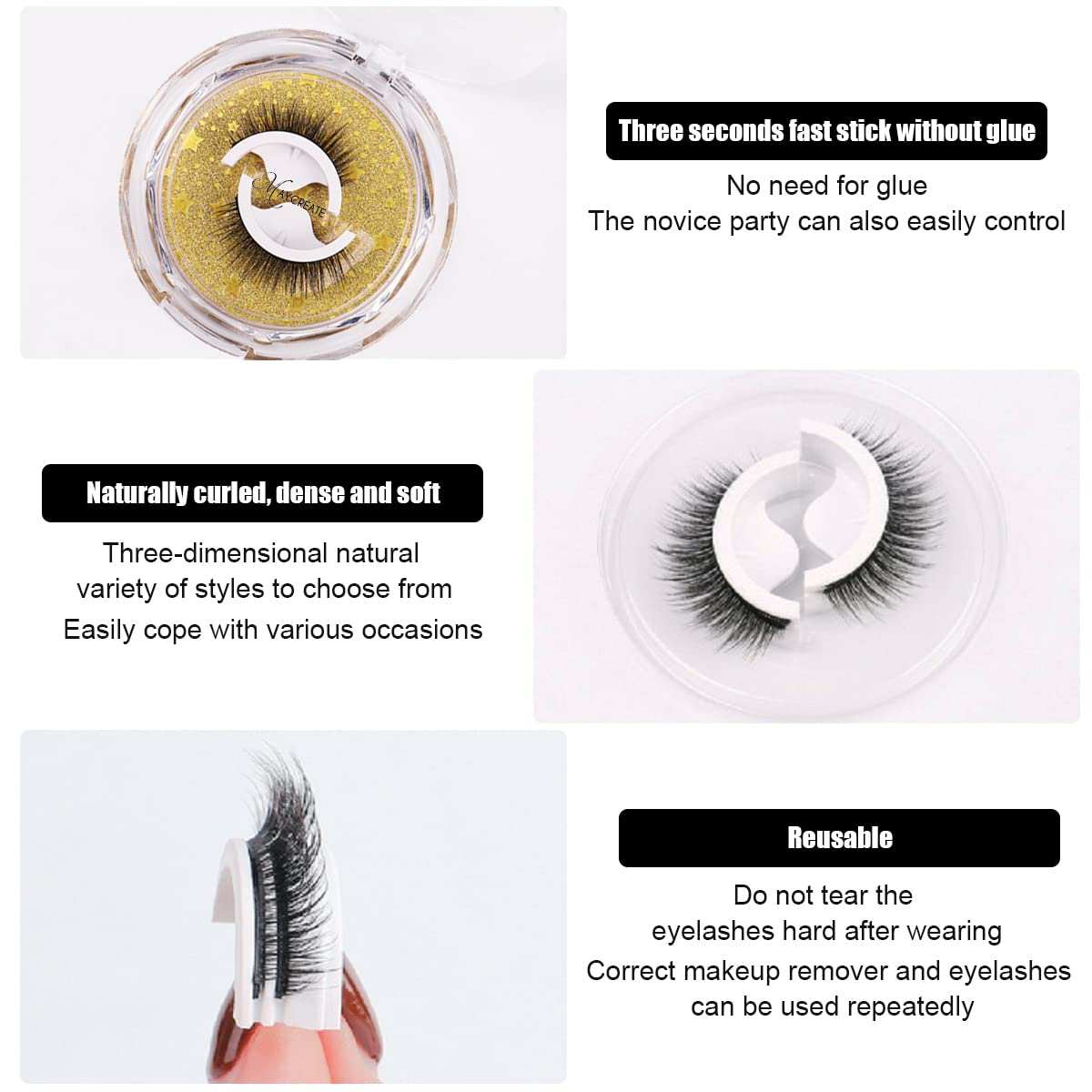 MAYCREATE False Eyelashes for Daily and Party Look with Self-Adhesive 3D Design | 2 Pairs 10mm Black
