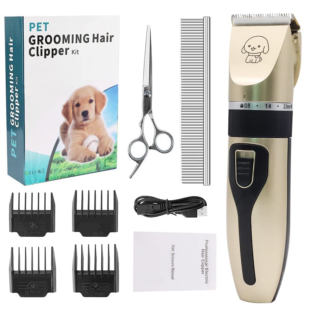 Qpets Dog Clippers for Grooming with 5 Speed Settings and 4 Guard Combs | Low Noise Gold Trimmer