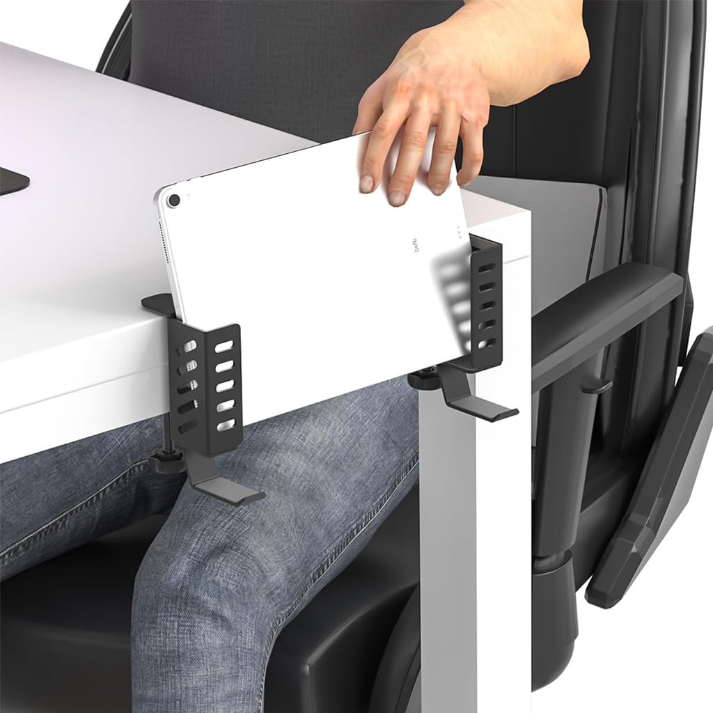 Zeitel Tablet and Laptop Holder for Desk Edge with Screw Mounting and Hooks | Aluminum Organizer