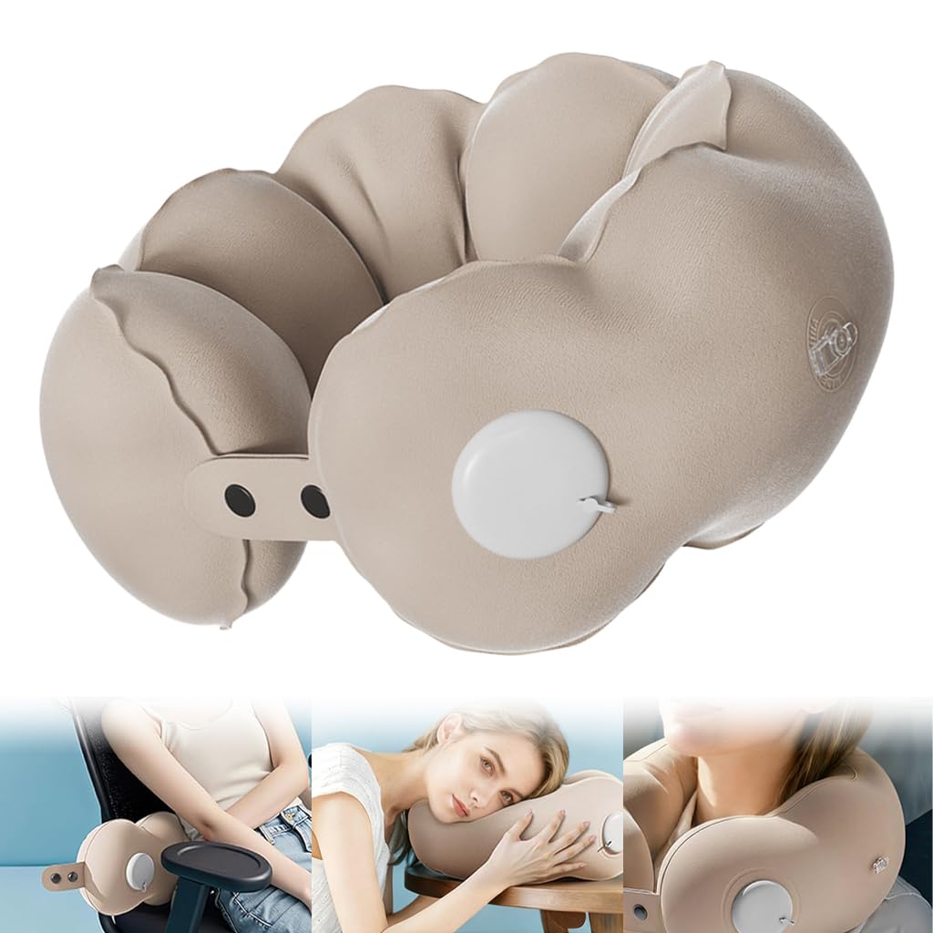HANNEA Inflatable Travel Neck Pillow for Airplane and Car with Dual Snap Closure | Ultra Soft Flocking Cushion