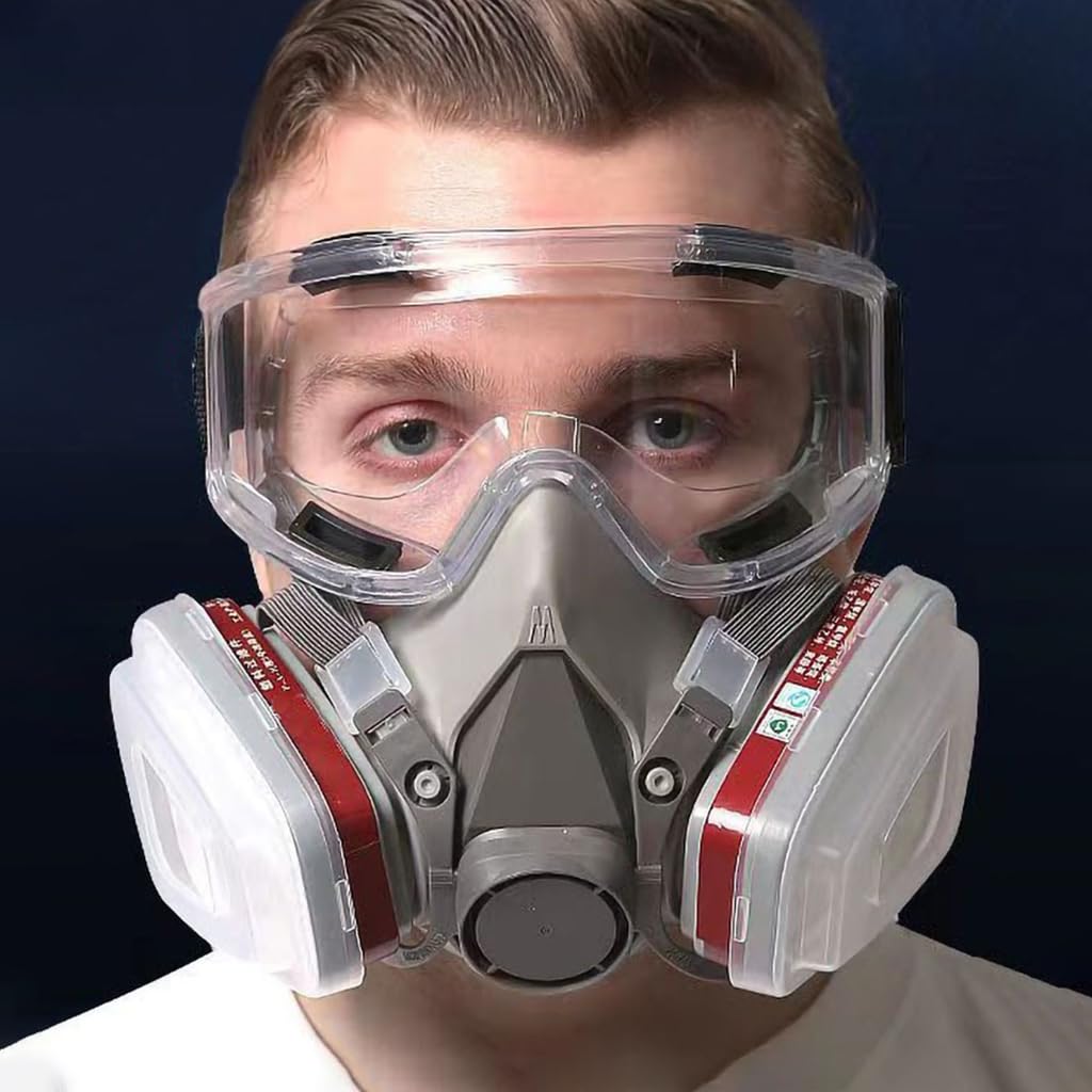 HASTHIP Gas Mask Respirator Set for Painting and Chemical Work with Dual Filtration System and 10 Replacement Filter Pads | Includes Safety Goggles for Full Face Protection