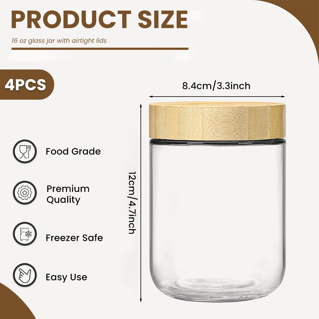 HASTHIP Airtight Glass Jar for Kitchen Storage with Wooden Lid 16oz Clear Mason Design