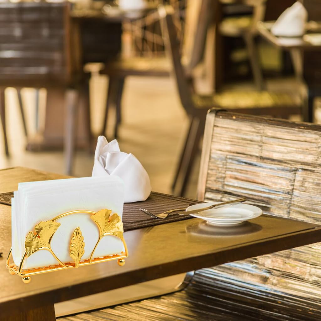 HASTHIP Napkin Holder for Dining Table with Elevated Base Design 13x3x6.5cm | Golden Ginkgo Leaf Metal Ornament