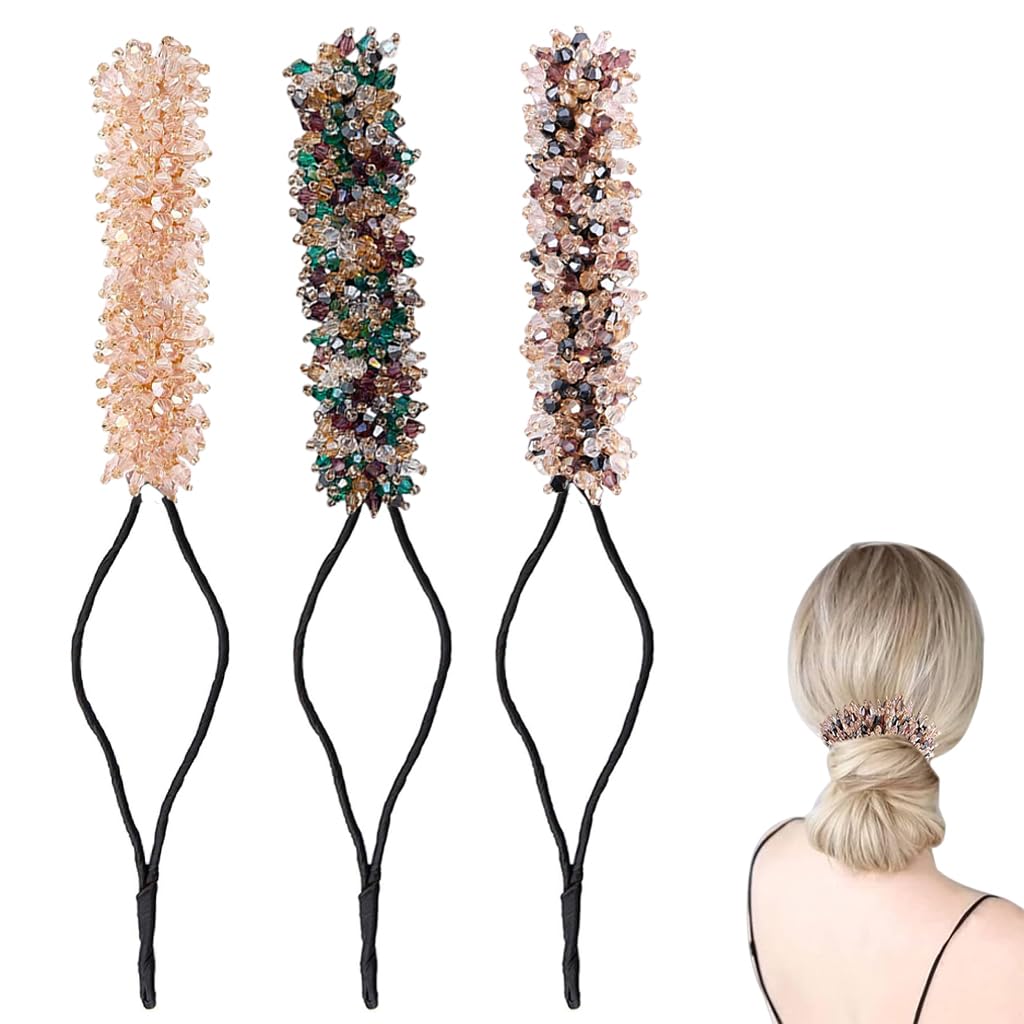 Venzina Hair Bun Maker for Effortless French Hairstyles featuring Flexible Wire Core | 3 Pcs Rhinestone Accessories for Women