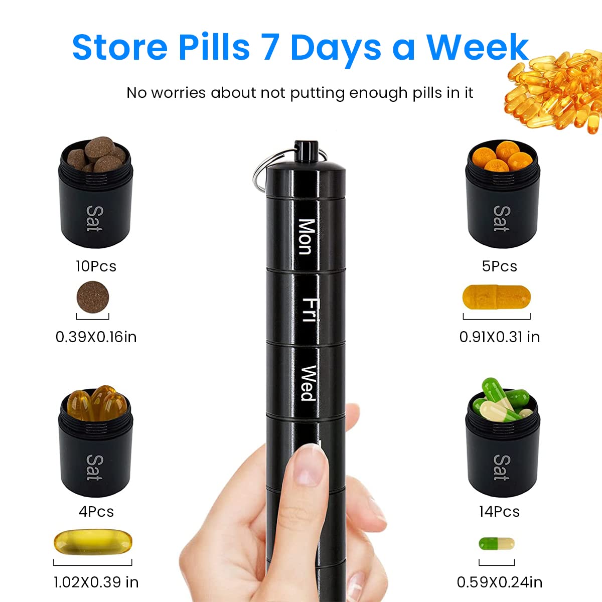 HANNEA® Metal Pill Box Organizer, 7 Days Pill Organizer, Waterproof Emergency Keychain Pill Holder Medicine Case, Travel Friendly Day Night Vitamin Organizer, Weekly AM PM Pill Case Container