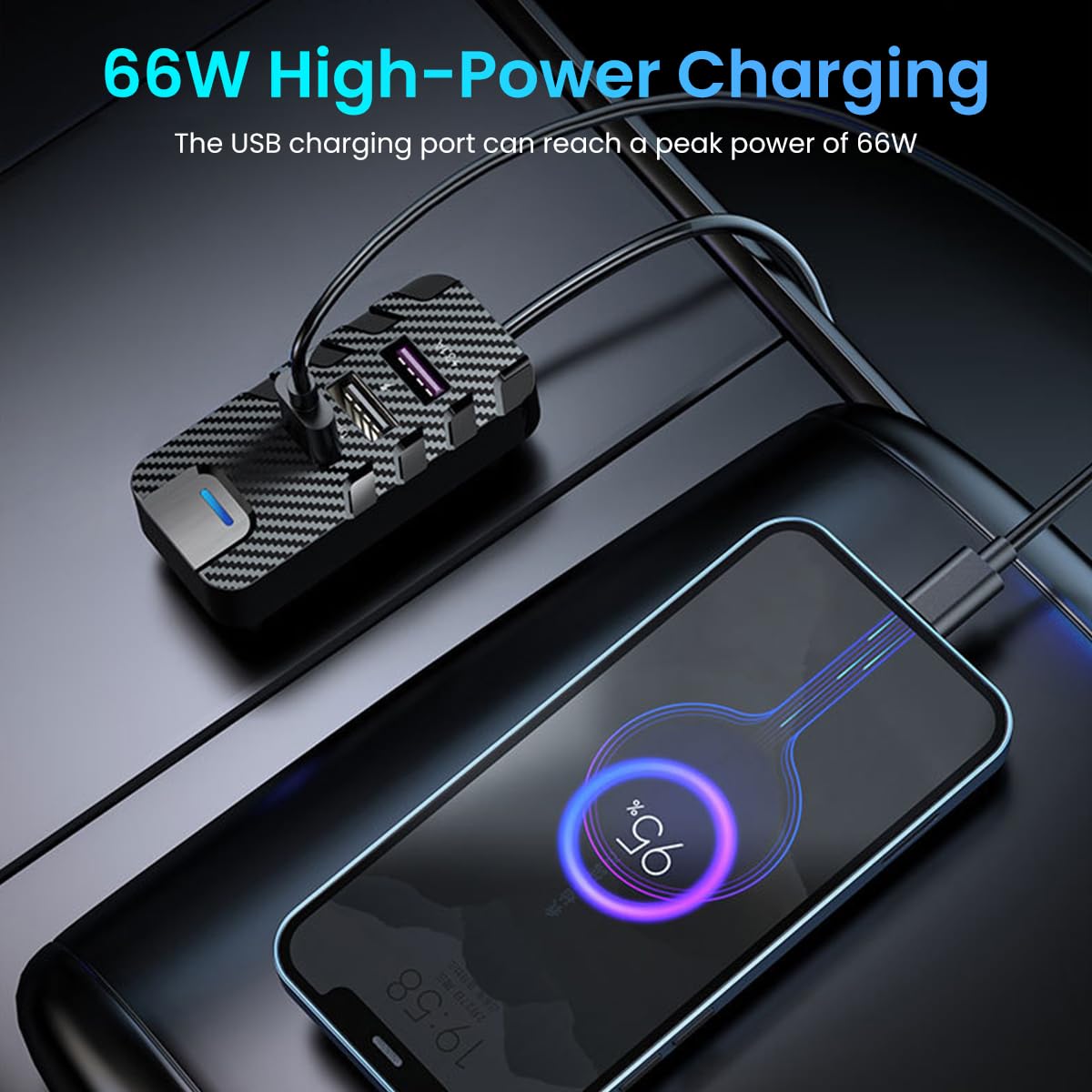 STHIRA Car USB Hub for 12 24V Vehicles with 6 Ports and PD 66W Fast Charging | LED Light Design