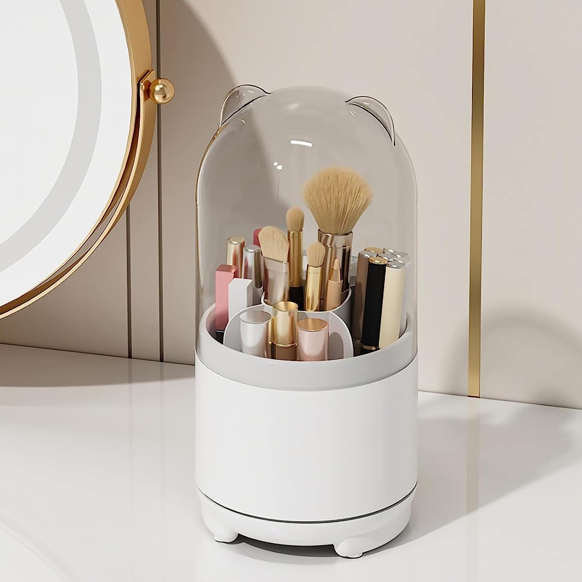 MAYCREATE Makeup Brush Holder Organizer for Vanity with 360° Rotating 5 Slots and Clear Lid