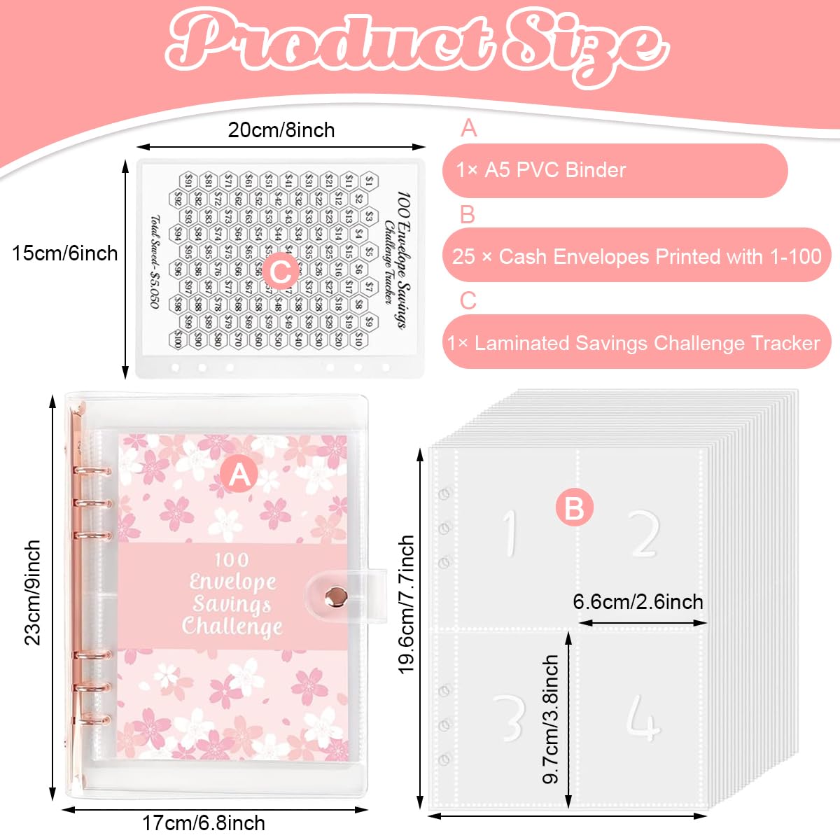 HASTHIP Envelopes Challenge Binder for 100 Day Saving Goals with $5050 Tracker Sheet | A5 PVC Sakura Organizer