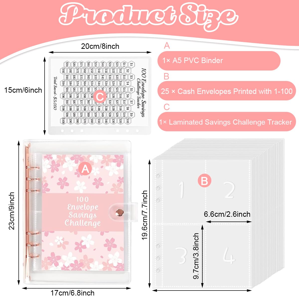 HASTHIP® Envelopes Challenge Binder with Laminated $5050 Tracker Sheet & Pre-Numbered Pockets