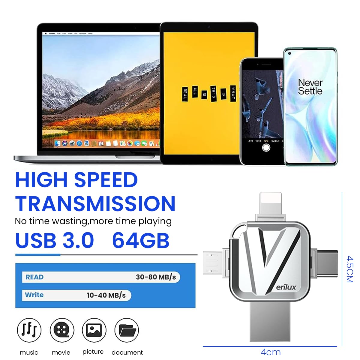 Verilux Pendrive 64GB for iPhone and Android with 4 in 1 USB A Type C Micro USB | Metal Body