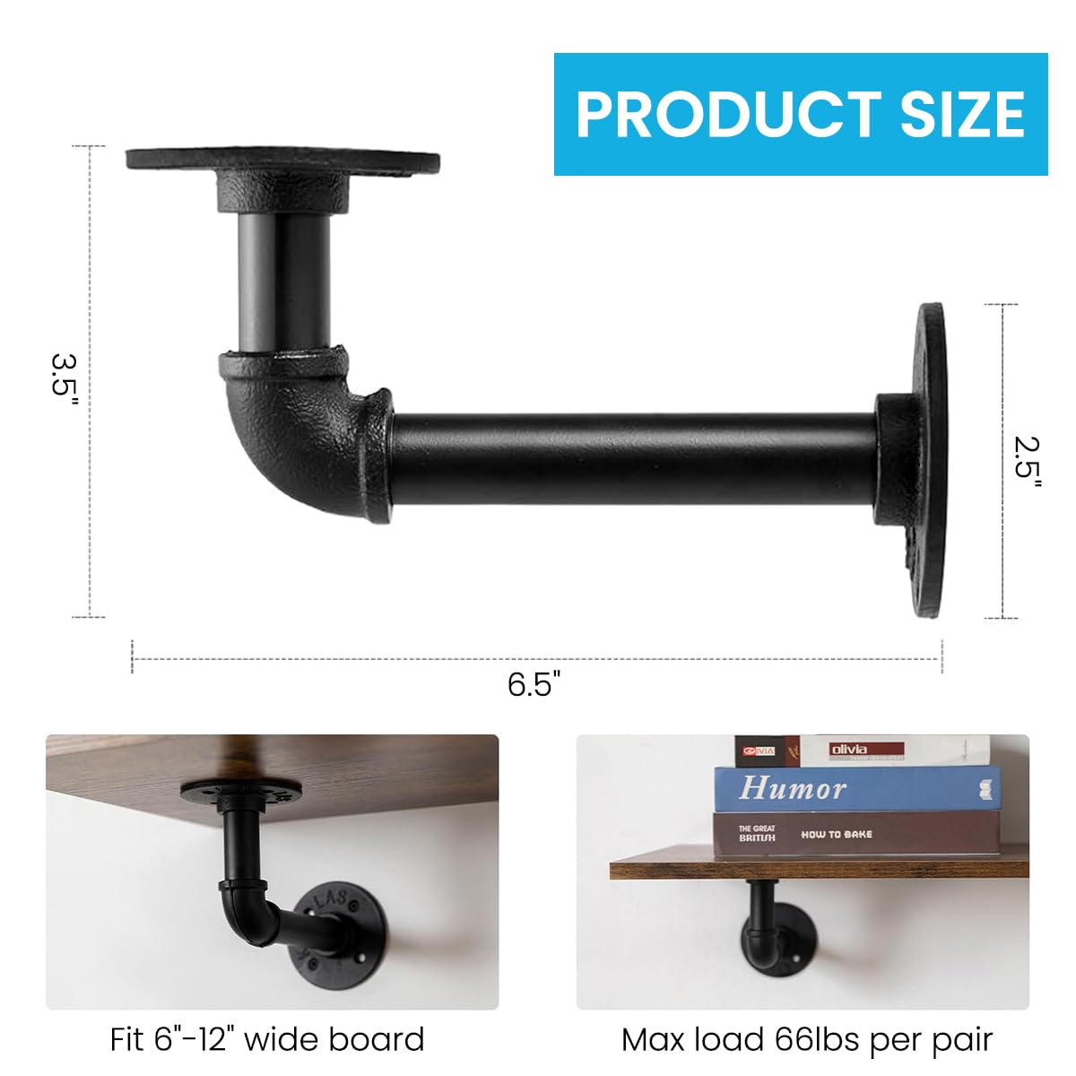 Serplex Wall Shelf Brackets for 6–12 in Wood Boards with Screws and Iron Pipe Design | 4Pcs Heavy Duty L Shaped Supports