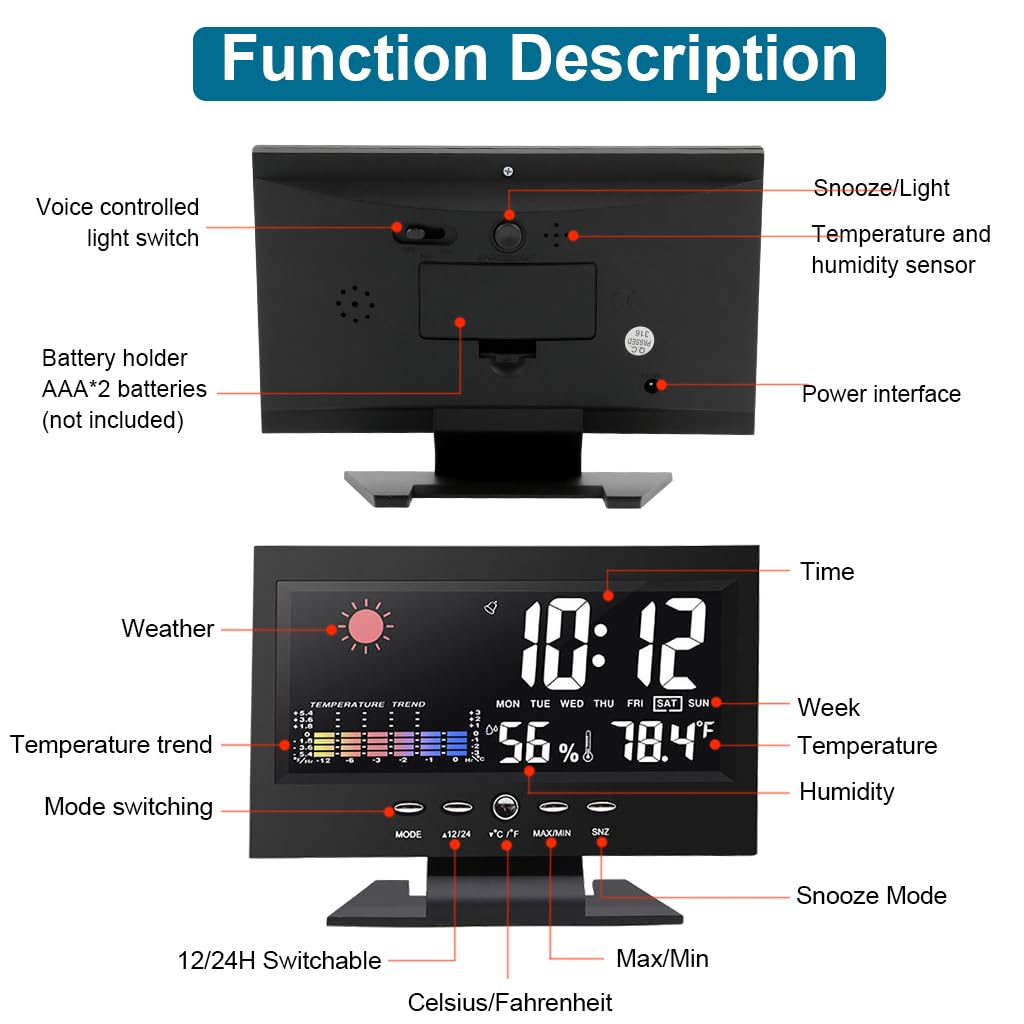 HASTHIP® LCD Digital Thermometer Hygrometer Multifunctional Digital Thermometer Hygrometer with Alarm Clock, Weather Station USB Desk LCD Digital Thermometer Hygrometer for Home, Bedroom, Office