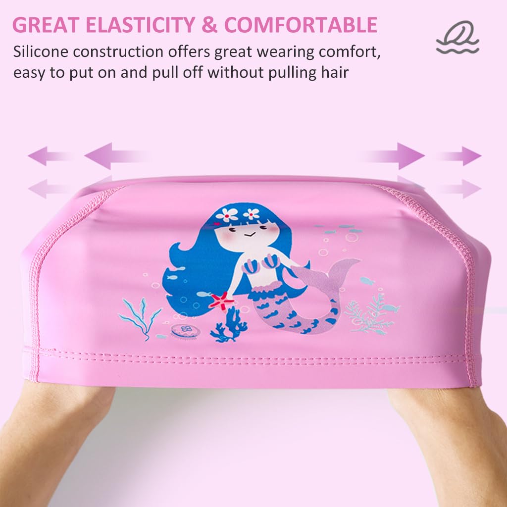 Proberos Swimming Cap for Kids with 23 cm Fit and Leak‑Proof PU Material | 2 Pcs Unicorn Mermaid Design