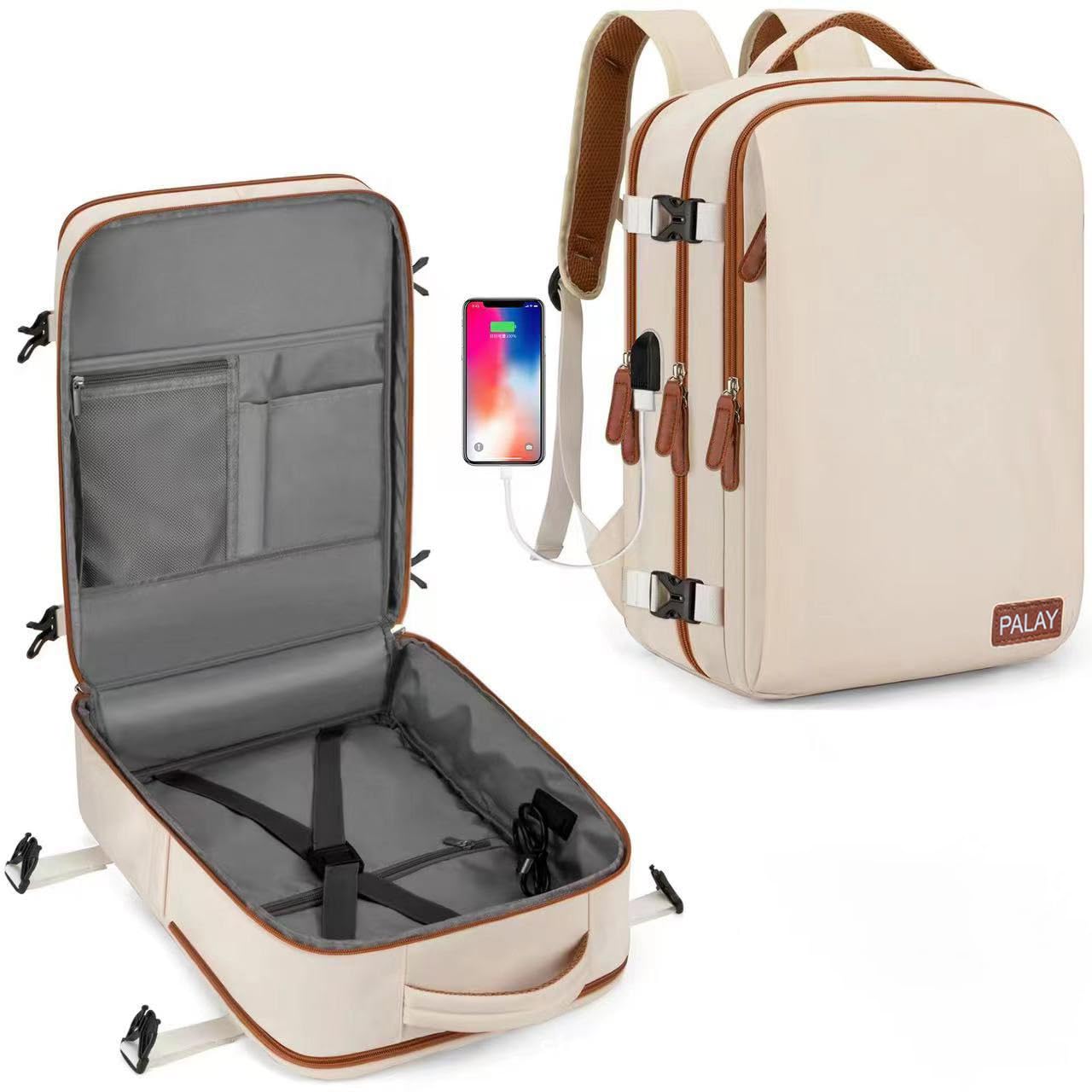 PALAY® Travel Laptop Backpack, 40L Double Layer 15.6 Inch Travel Laptop Backpack Fashion Beige Laptop Backpack Safe Anti-Theft Waterproof Oxford Cloth Laptop Backpack Travel Backpack with Shoe Bag