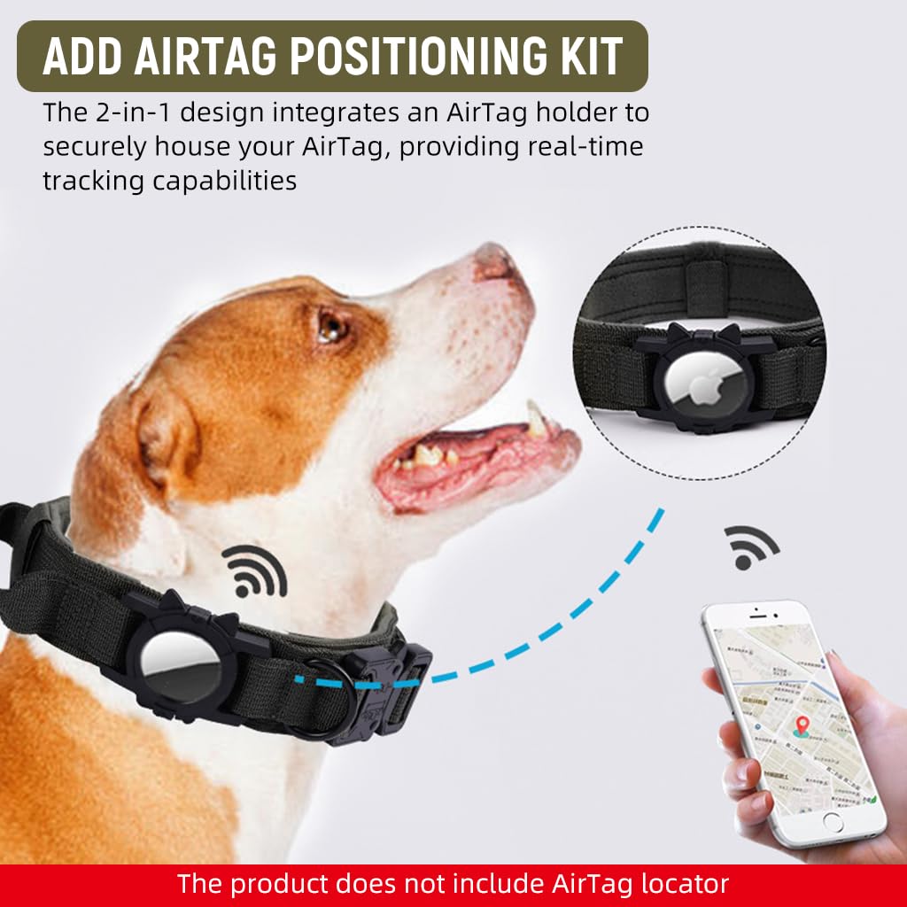 Qpets Tactical Dog Collar for Large Dogs with AirTag Holder and Handle | 50–63cm Nylon