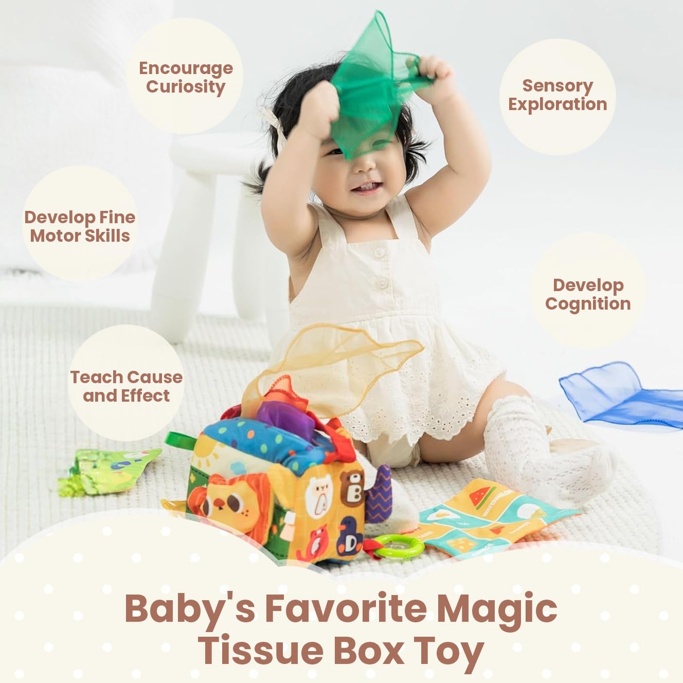 SNOWIE SOFT Soft Tissue Box Baby Toy with 6 Crinkle Tissues and Mirror | Montessori Sensory Play