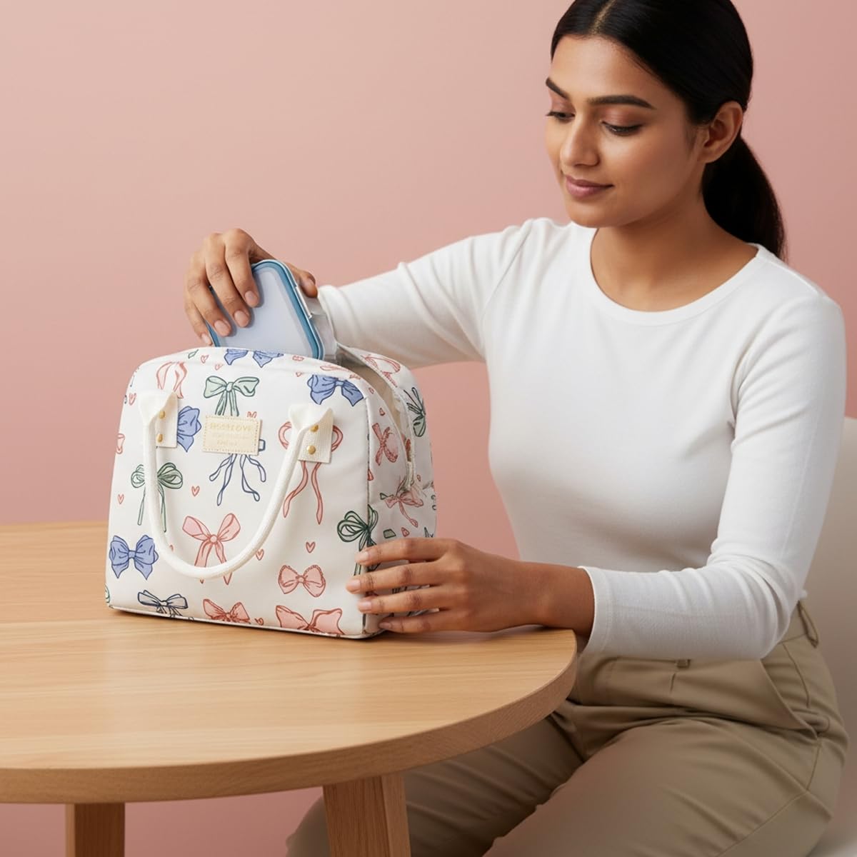 HASTHIP Insulated Lunch Tote Bag for Work and Picnic featuring Ribbon Bow Print 25x15.5x21cm