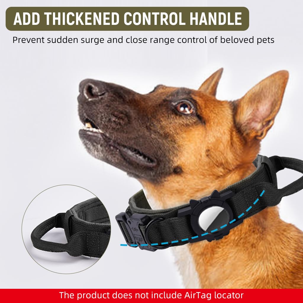 Qpets Tactical Dog Collar for Large Dogs with AirTag Holder and Handle | 50–63cm Nylon