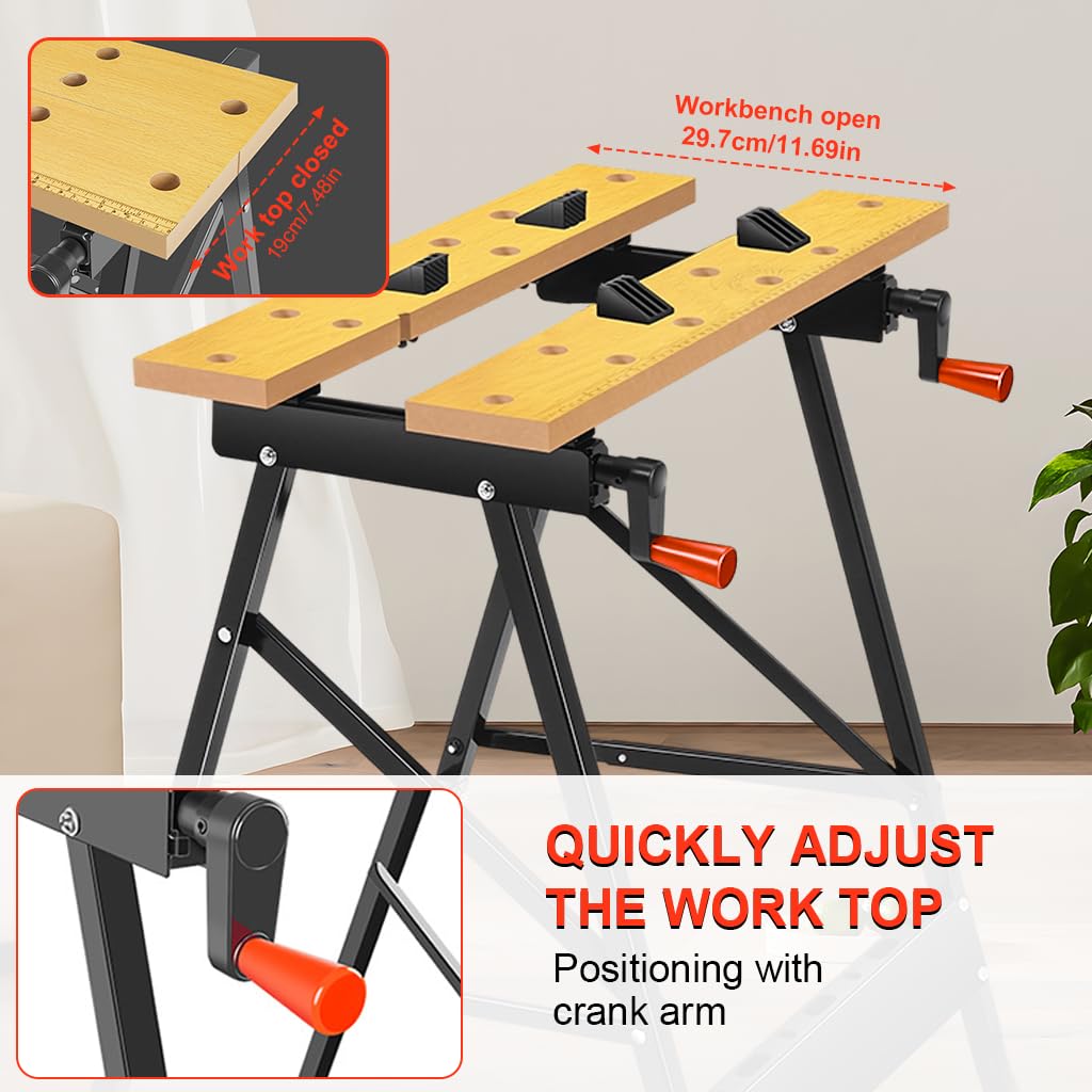 Serplex Folding Workbench for Woodworking with Crank Handles and Tool Storage Slots | Wood and Metal Construction