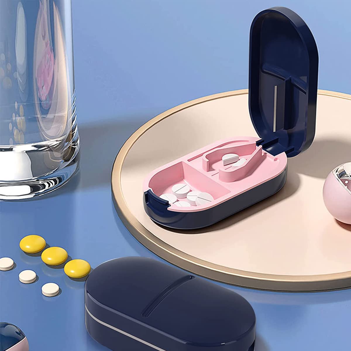 HANNEA Pill Cutter for Tablets and Vitamins with Stainless Steel Blade Blue 3 PCS | Portable 2-in-1 Organizer Case