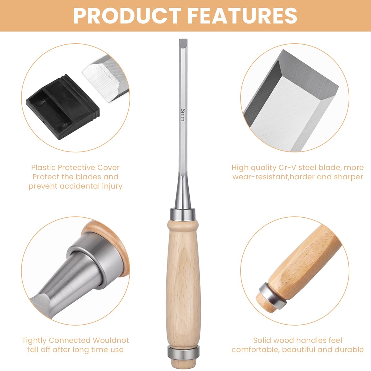 Serplex Wood Craft Chisel Set for Trimming and Shaping with Wooden Handles | 4 Sizes 6mm 12mm 18mm 24mm Chrome Vanadium Steel