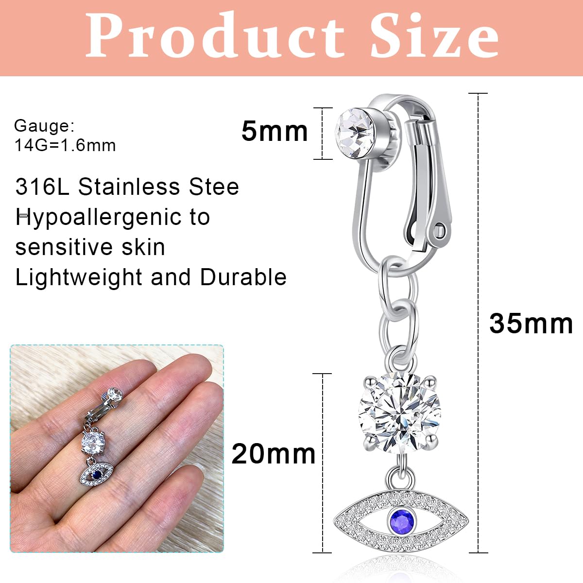 Venzina Fake Belly Piercing Jewelry for Women featuring Evil Eye Pendant and Rhinestones