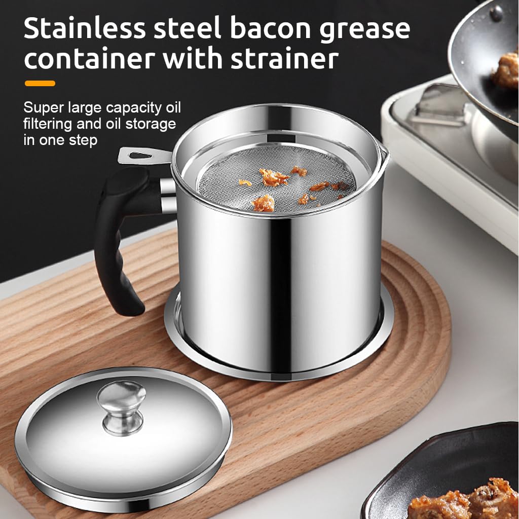 Supvox Kitchen Oil Container for Grease Storage featuring 48oz Capacity and Sieve Lid | 304 Stainless Steel with Handle