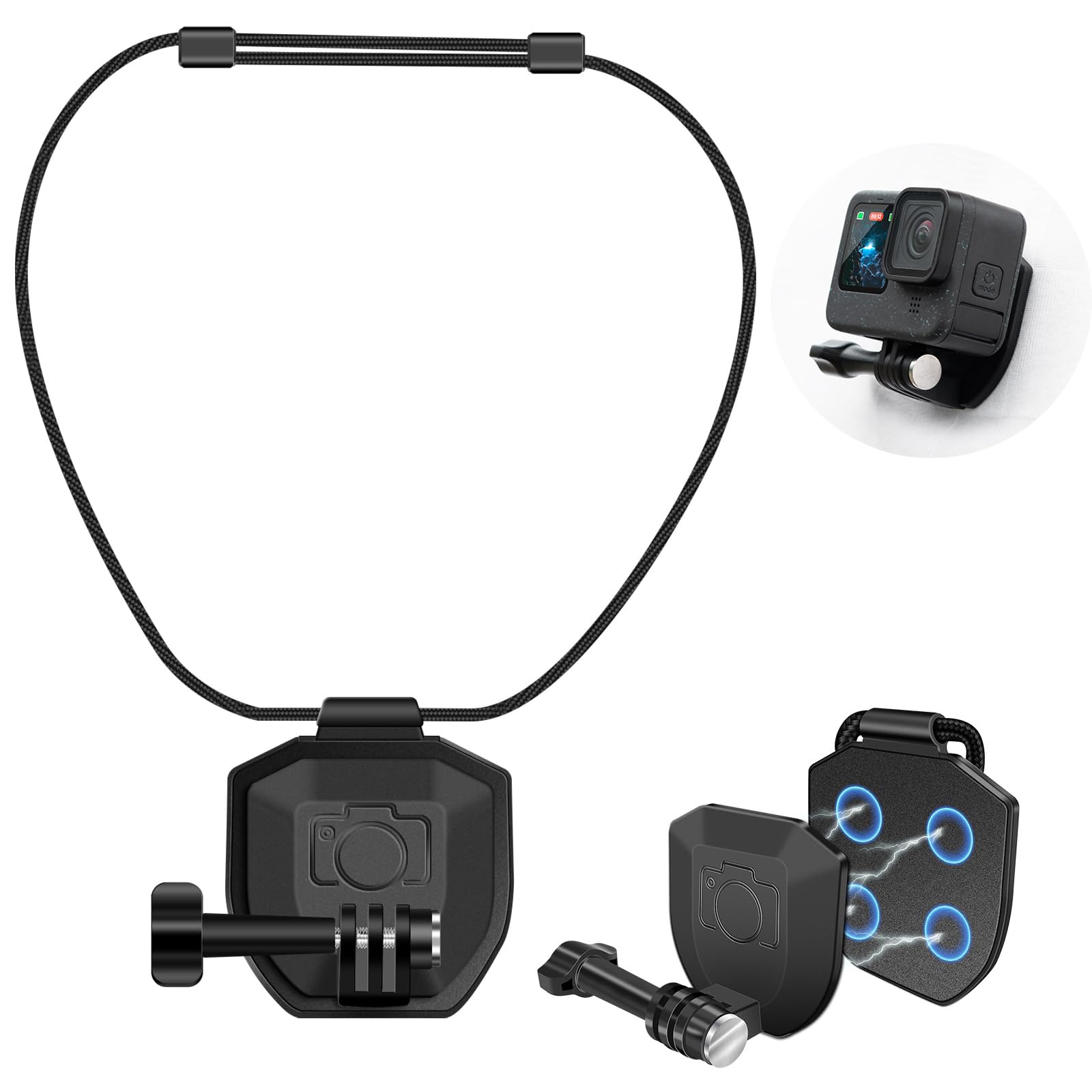 ZORBES® Magnetic Action Camera Neck Mount, Adjustable Nylon Cord Magnetic Neck Strap Mount, Hands-Free Filming POV View, Universal Compatibility