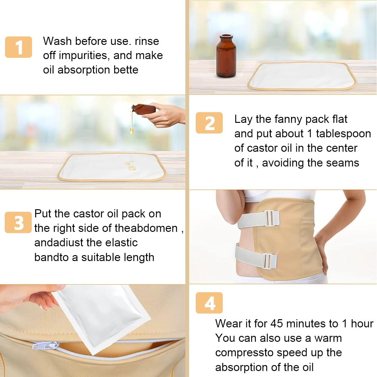 HANNEA Castor Oil Pack Wrap Kit for Liver Detox with Adjustable Elastic Straps | 12PCS Organic Cotton Reusable Pads