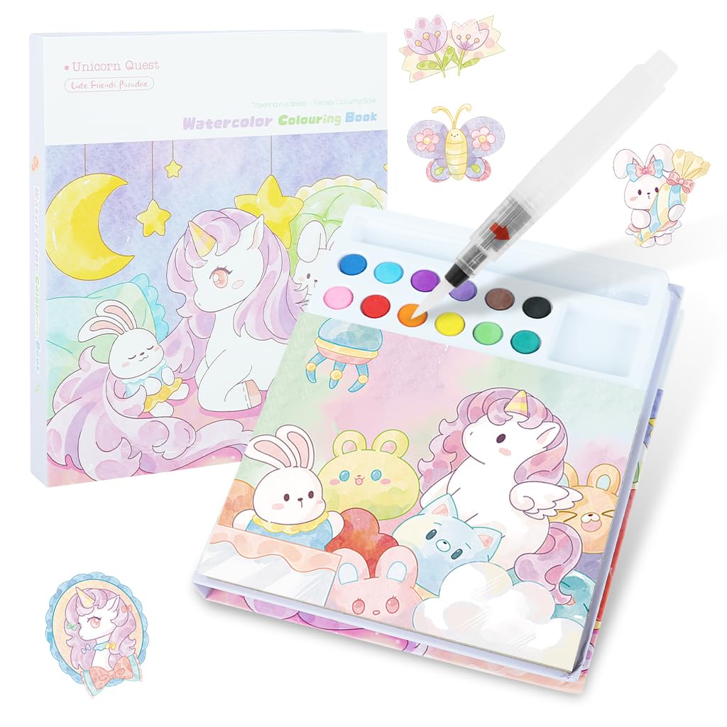 PATPAT Cartoon Watercolor Coloring Book for Kids with 18 Unicorn Castle Scenes and 24 Bookmarks | Includes 12 Pigments and Brush Pen