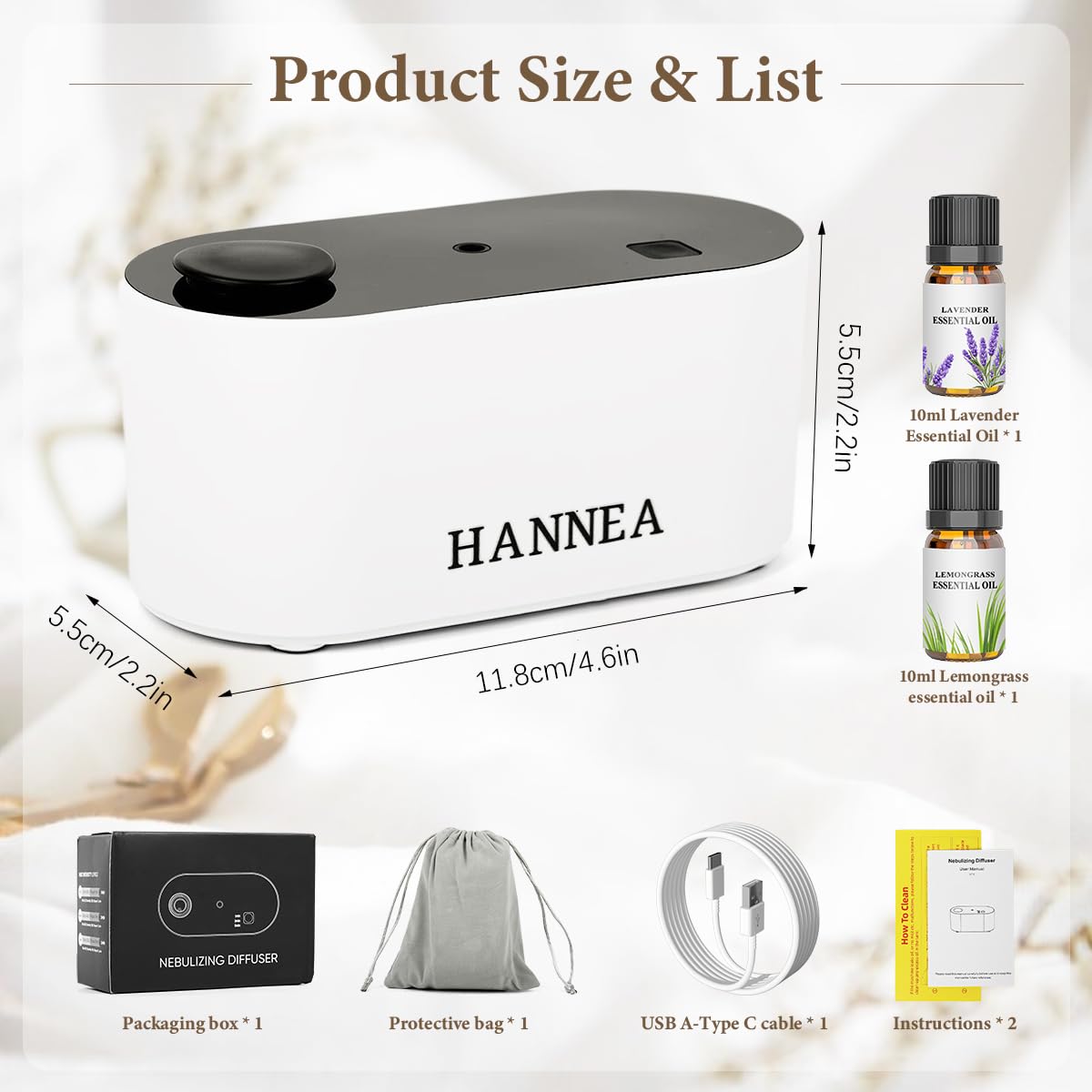 HANNEA Waterless Oil Diffuser for Home with 2000mAh Battery and Smart Timed Modes | USB Rechargeable Aromatherapy