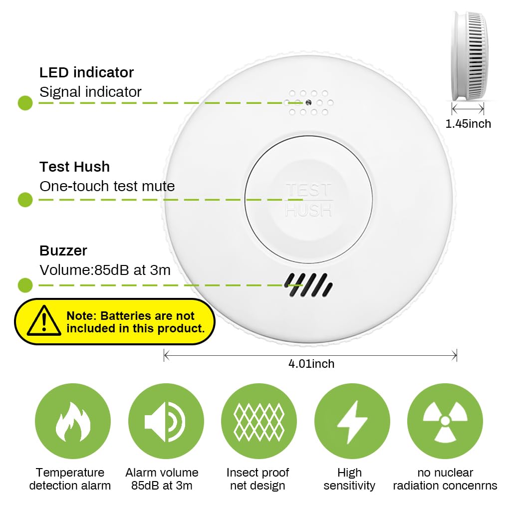 HASTHIP® Smoke Detector with Alarm, Smoke Detector Fire Alarm with Photoelectric Technology, Smoke Alarm with Test/Silence Button, Light Sound Warning 2xAA Battery Powered (NOT Included)