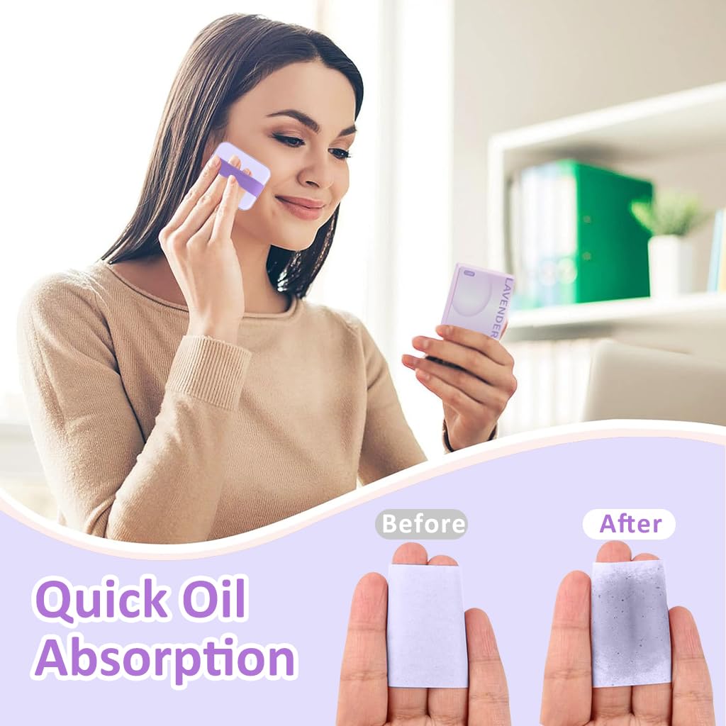 MAYCREATE® 200Pcs Blotting Paper for Oily Face, Lavender Oil Absorbing Sheets for Face, Natural Oil Absorbing Paper for Face, Travel Compact Face Wipes for Oily Skin, with Mirror & Puff for Men Women