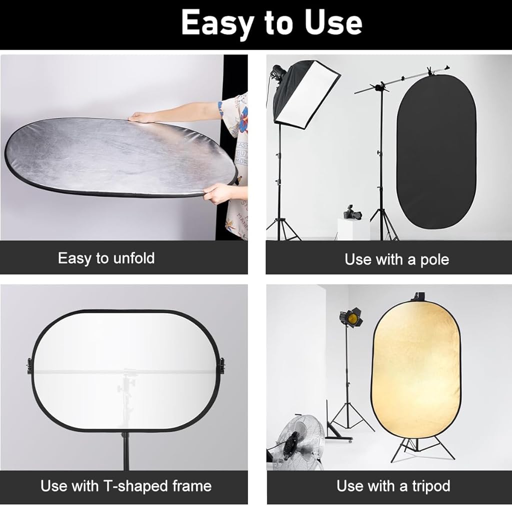 ZIBUYU® 5 in 1 Photography Reflector Translucent Diffuser Foldable Reflector Silver /Gold /White/Black/Translucent Diffuser Portable Reflector for Outdoor Photography, Studio Filming, 24''x36''