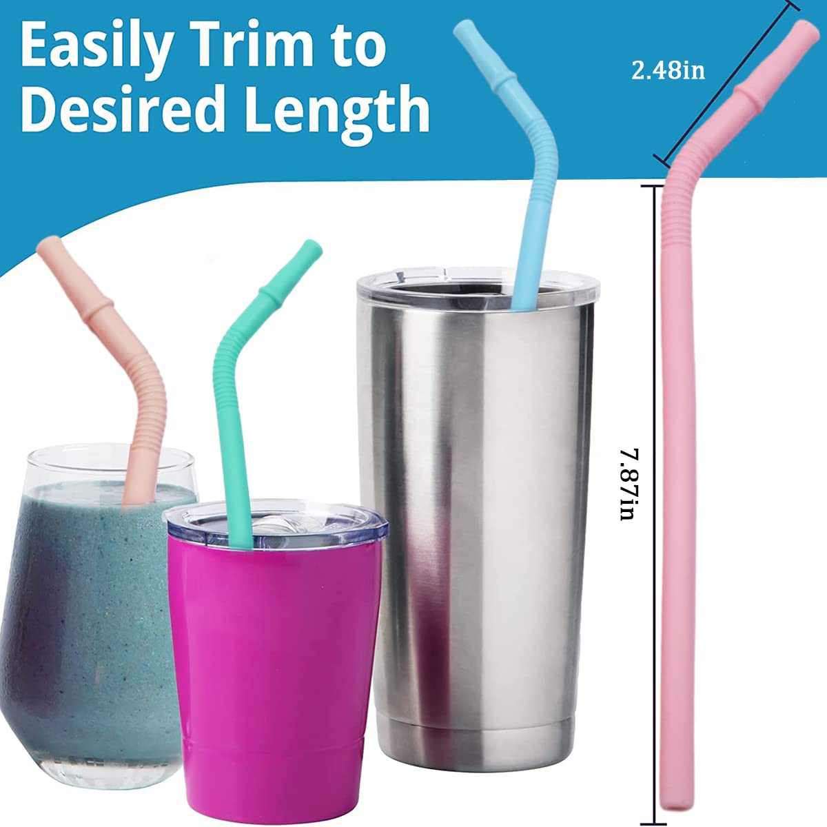 HASTHIP® 5Pcs Silicone Straws, Reusable Silicon Straws, Colorful Flexible BPA Free Foodgrade Silicon 8.4Inch Portable Straws for 20 oz 30 oz Water Glasses with Cloth Bag and Cleaning Brush