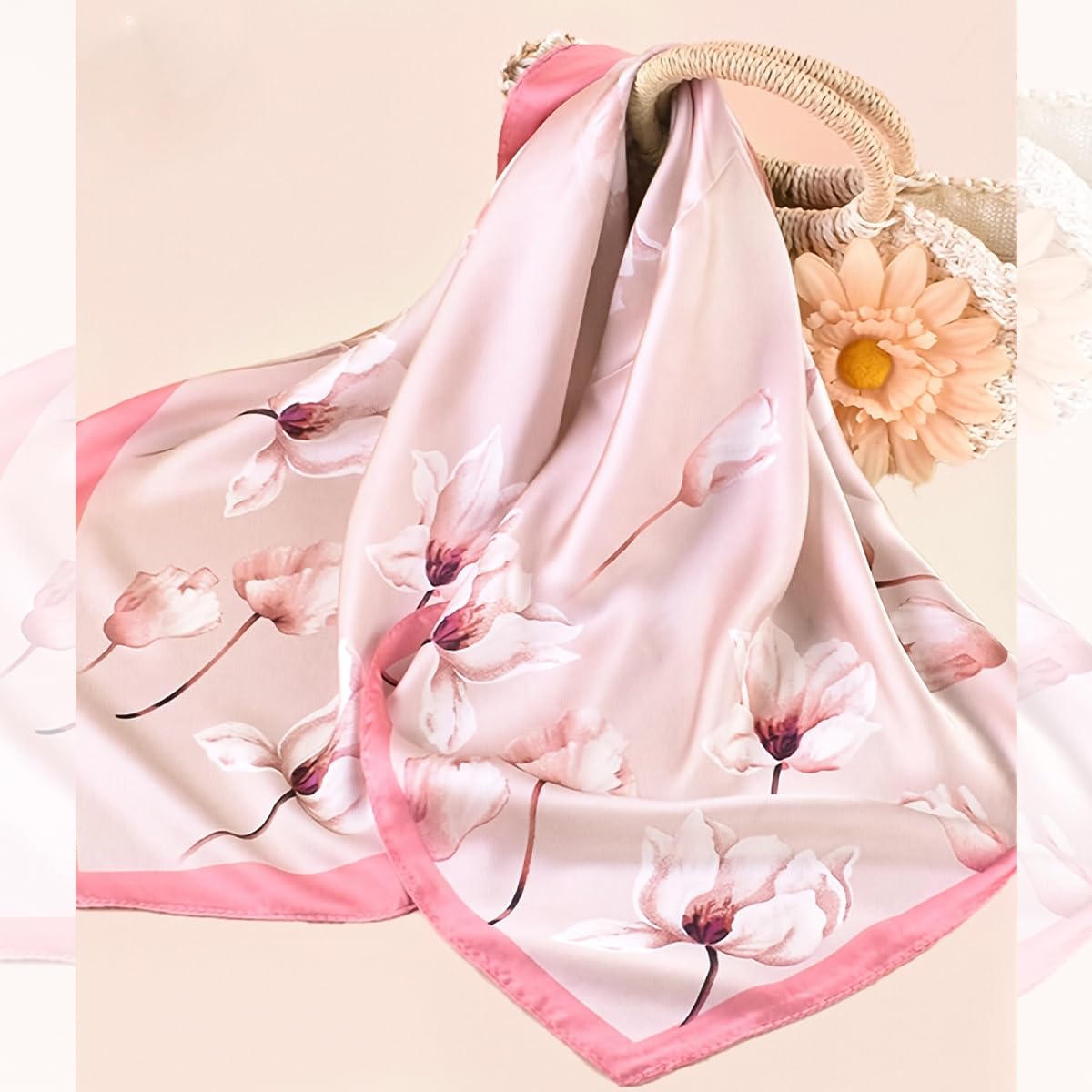 SANNIDHI Silk Scarf for Women featuring Pink Lotus Design with Soft Satin Fabric | Versatile Neck Hair and Bag Accessory