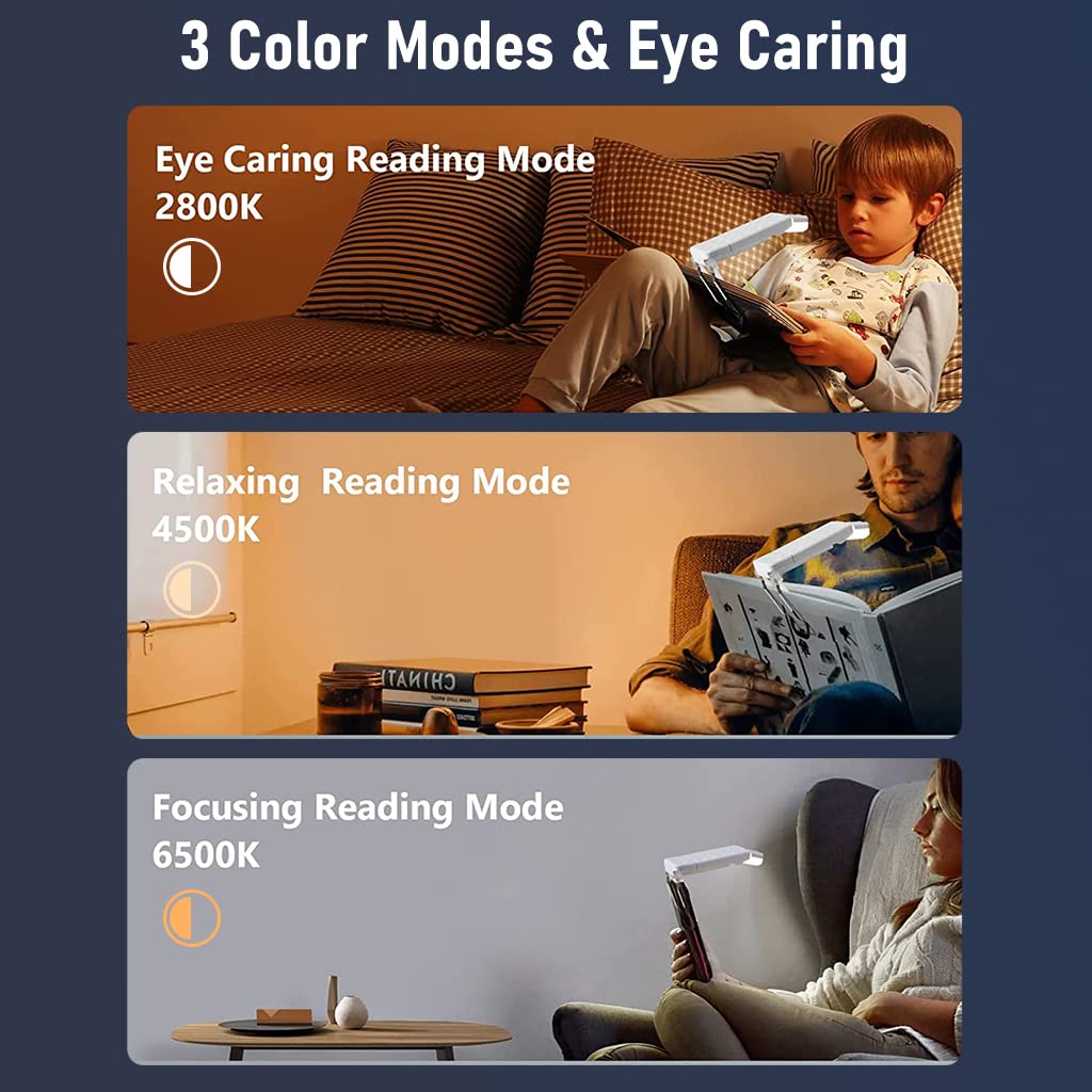 ELEPHANTBOAT Book Light for Reading in Bed with 3 Colors and 5 Brightness Levels | USB Rechargeable Clamp Design