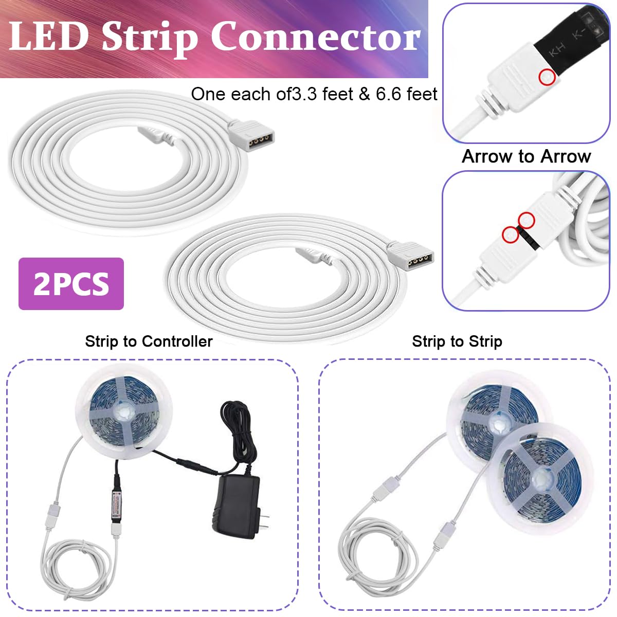 ZIBUYU RGB LED Strip Connector Kit for 5050 10mm Light Strip with L and T Connectors | Includes Extension Cable and Splitter
