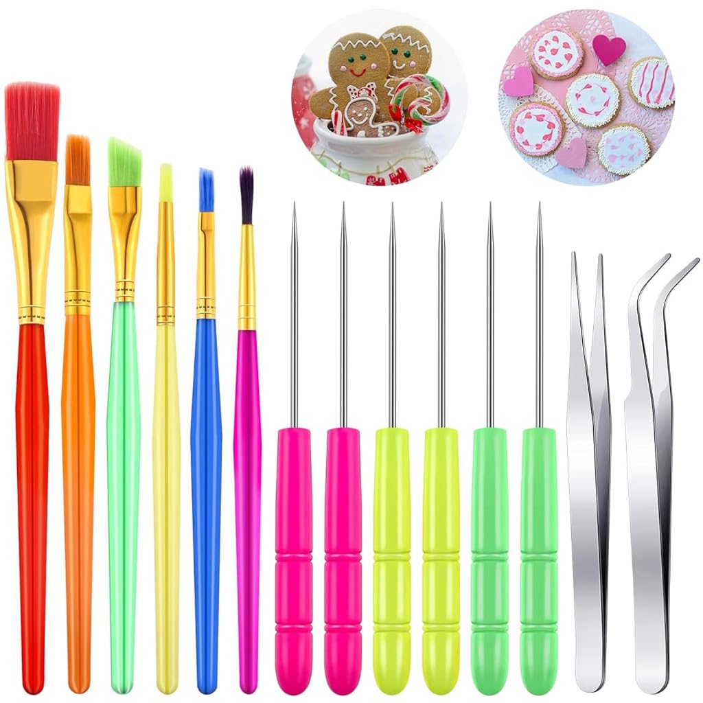 HASTHIP® 14Pcs Baking Tools Cake Decorating Tool Kit with Decorating Brushes Stirring Needles Tweezers Versatile Tools for DIY Baking, Chocolate Making, Cake Decorating, Play Dough, Color Clay Art