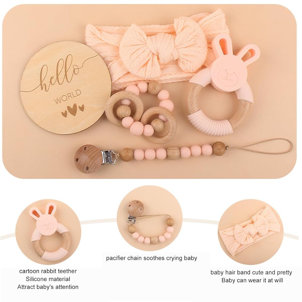 SNOWIE SOFT 5 Pcs Baby Girls Shower Gift Box Set New Born Baby Gifts Pink Bunny Baby Teether Pacifer Chain Clip Beaded Chain Soothing Toy Pink Bow Headband Food Grade Silicone Baby Teether