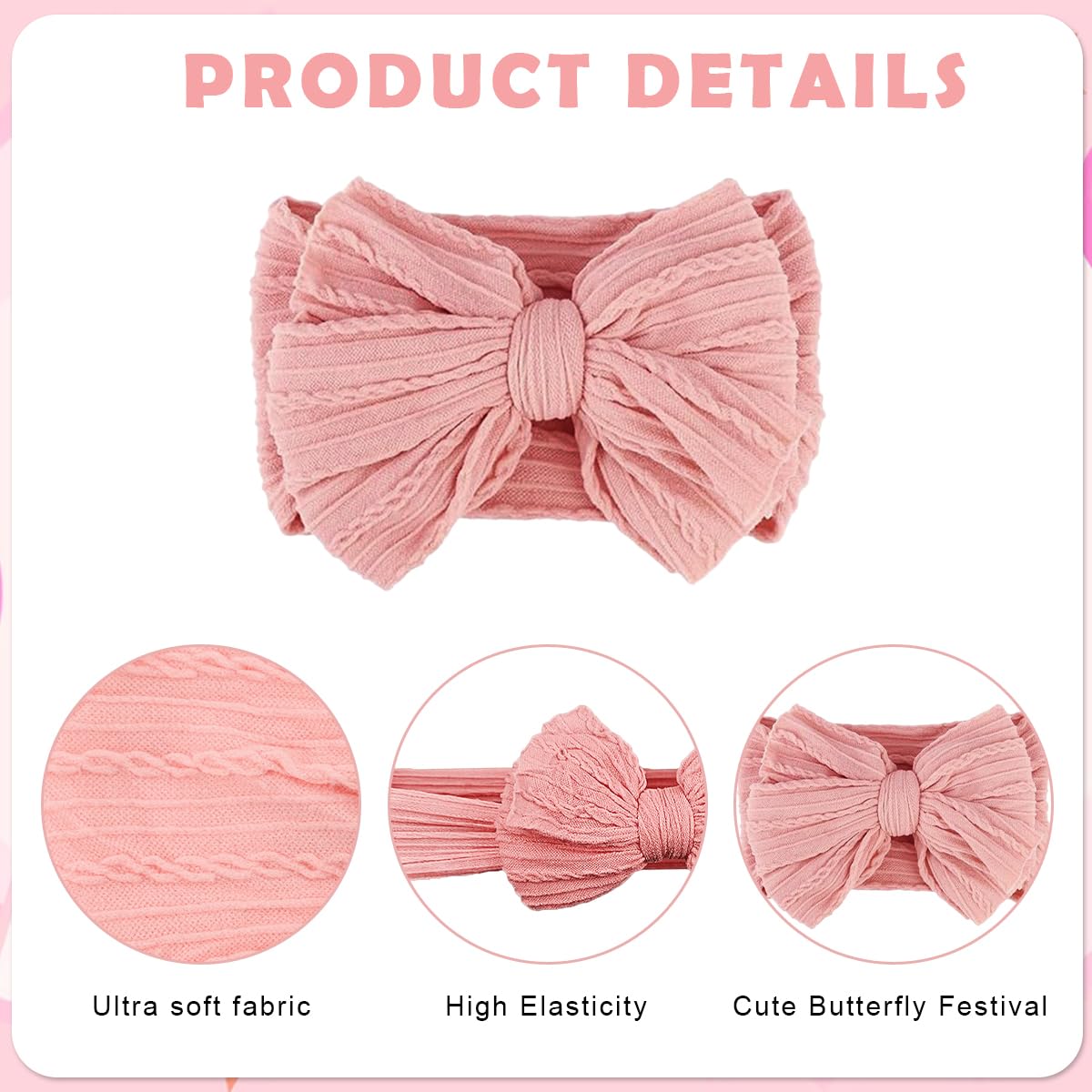 SNOWIE SOFT Hair Bands for Baby Girls featuring 6PCS Nylon Knotted Pink Bow Headbands