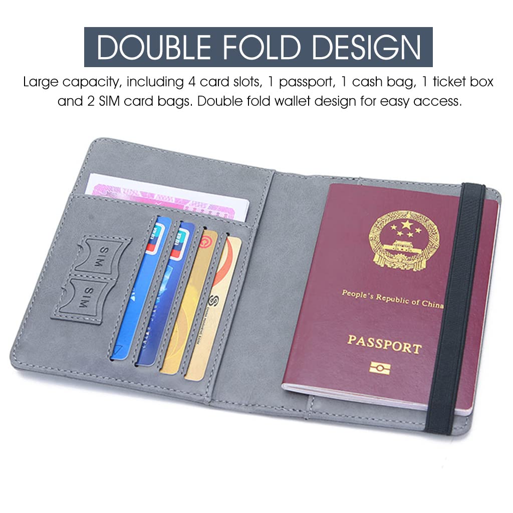 ZIBUYU Passport Cover for Travel with RFID Blocking and Bifold Wallet Design | Grey PU Leather 14.8x11cm