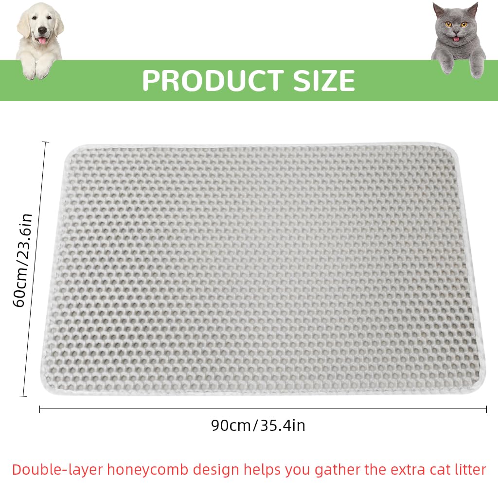 Qpets® Cat Litter Mat, 23.6 by 35.4 inches Litter Mat Honeycomb Hole Double Layer Open Edge Design, Reuseable & Washable EVA Cat Litter Catcher for Litter Box Cat Litter Tray (Grey)