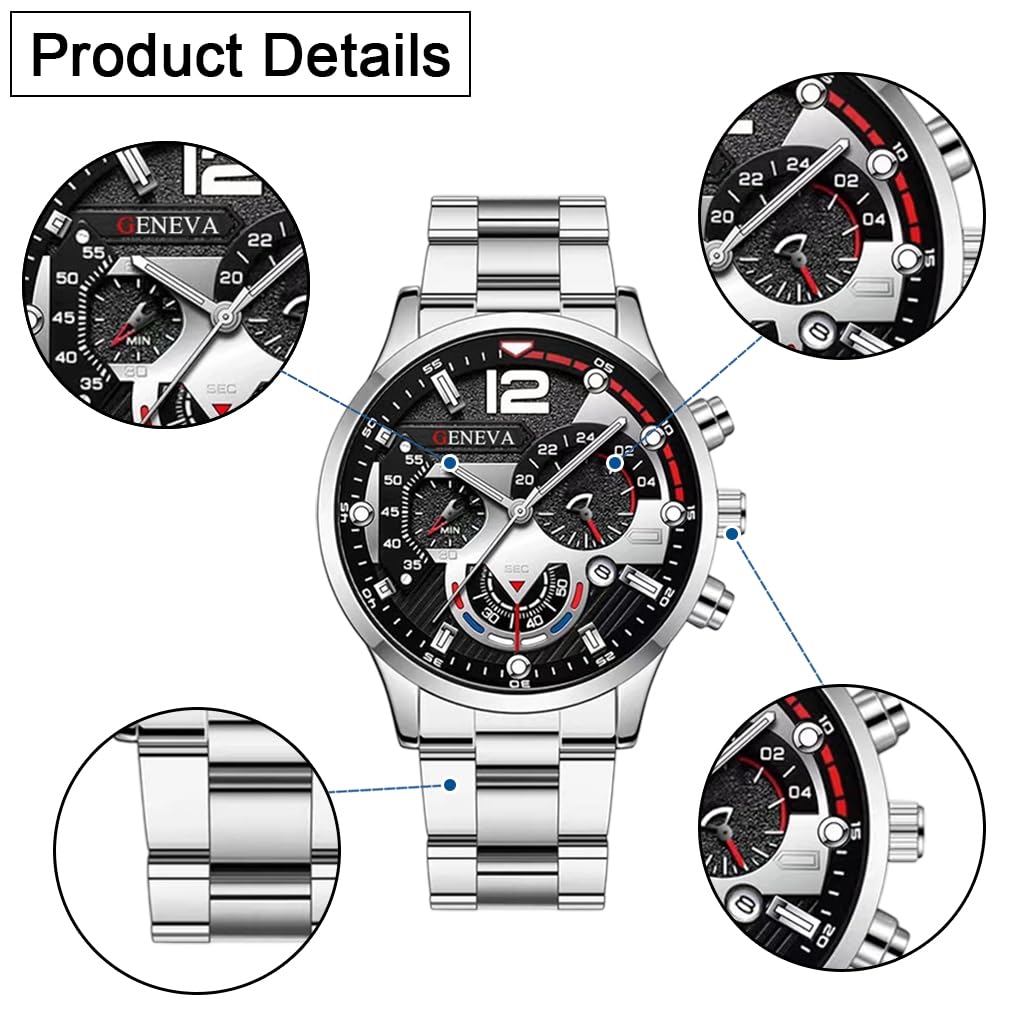 Proberos Watch Bracelet Set for Men with Cross Pendant and Cuban Chain | Alloy Steel Jewelry