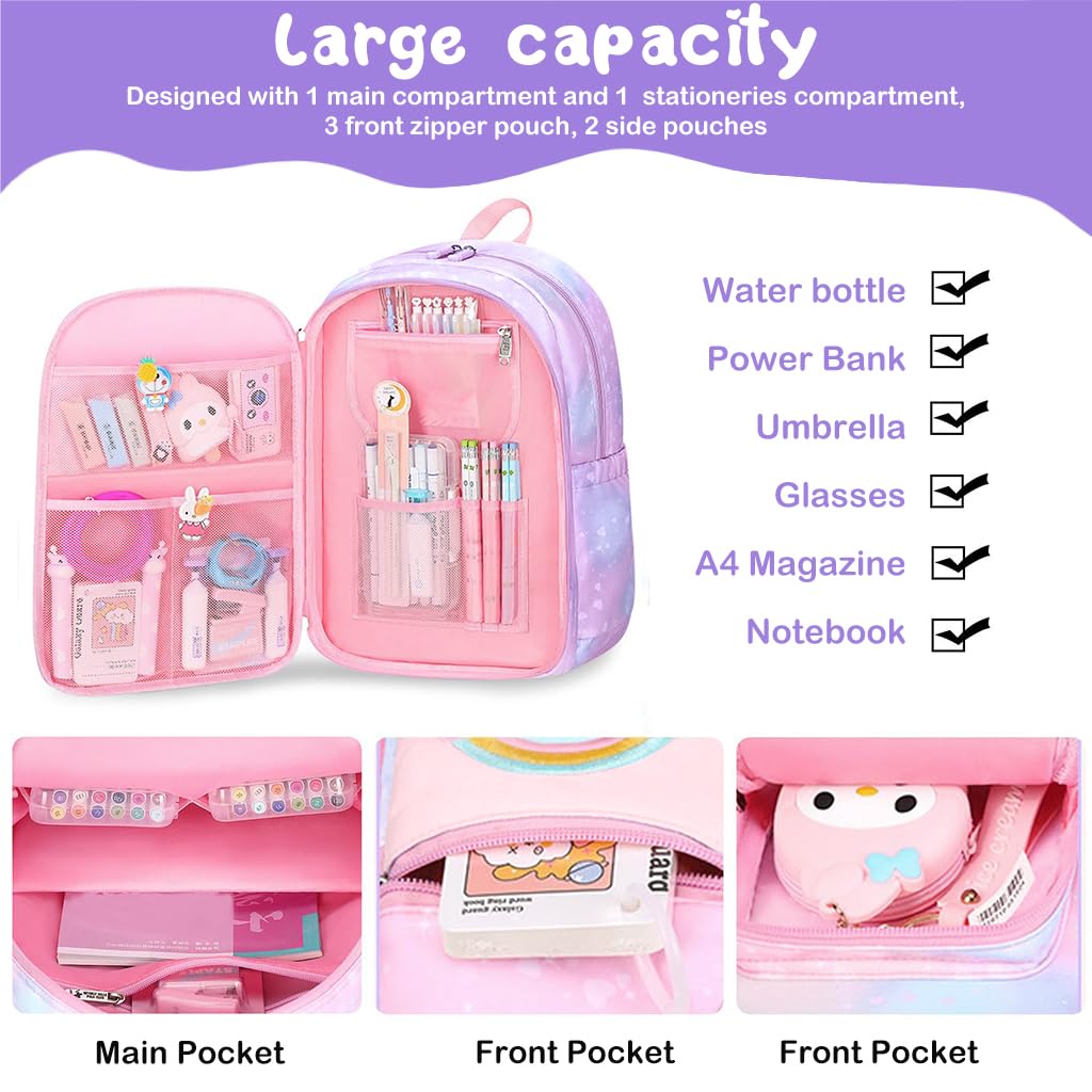 PALAY School Backpack for Girls with 32x28x45cm Large Capacity and Ergonomic Straps | Pink Set for Kids 6-12 Years