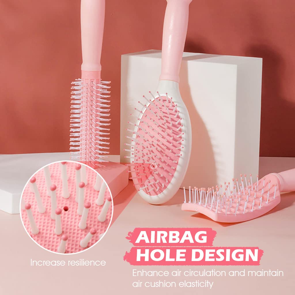 ZIBUYU Hair Brush Comb Set for Detangling and Styling with Ergonomic Handle | Pink 3 Piece Gift Box