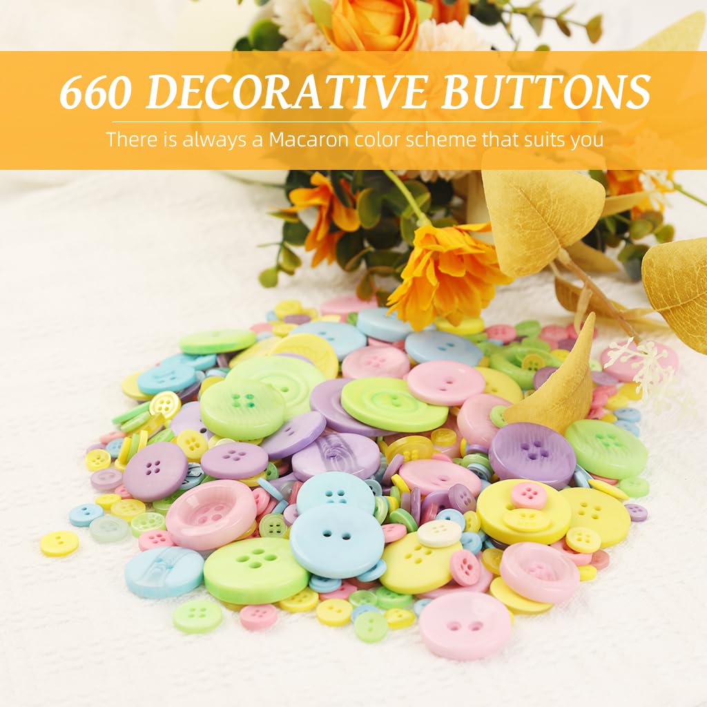 HASTHIP® 660pcs Craft Buttons Novelty Sewing Buttons for Clothes Assorted Sizes Macaron Color Plastic Buttons Kit Children's Clothing Buttons for Arts & Crafts DIY, Decoration, Sewing and More