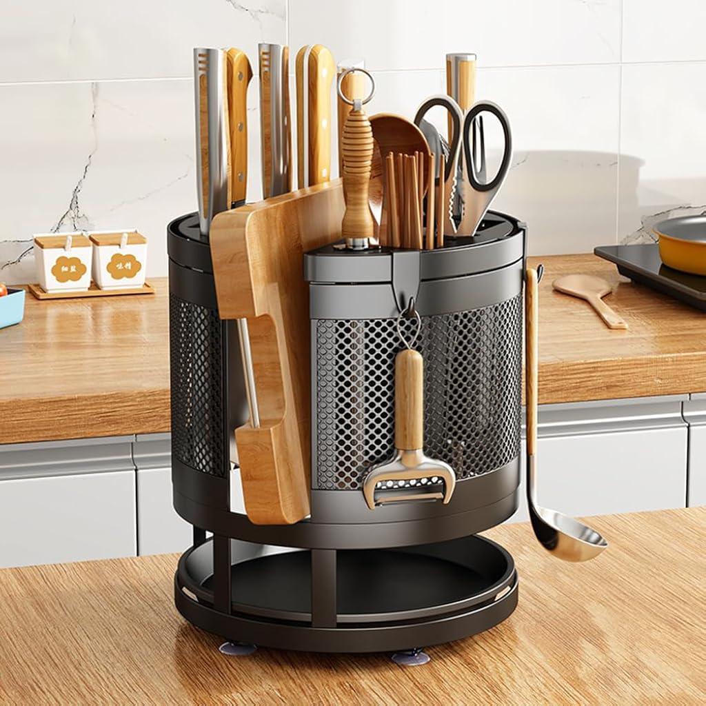 HASTHIP Kitchen Organizer Rotatable Carbon Steel Multi Compartment Modern Kitchen Utensil Organizer Tableware Draining Rack Cutting Board Rack Cutter Holder Storage Holder with 4 Hooks, 23.5x24cm