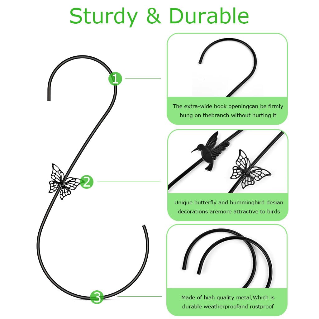 Zibuyu Metal Plant Hanger for Indoor and Outdoor Use with 12 in Hooks featuring Bird and Butterfly Design | Heavy Duty Black Metal S Hooks for Planters and Bird Feeders